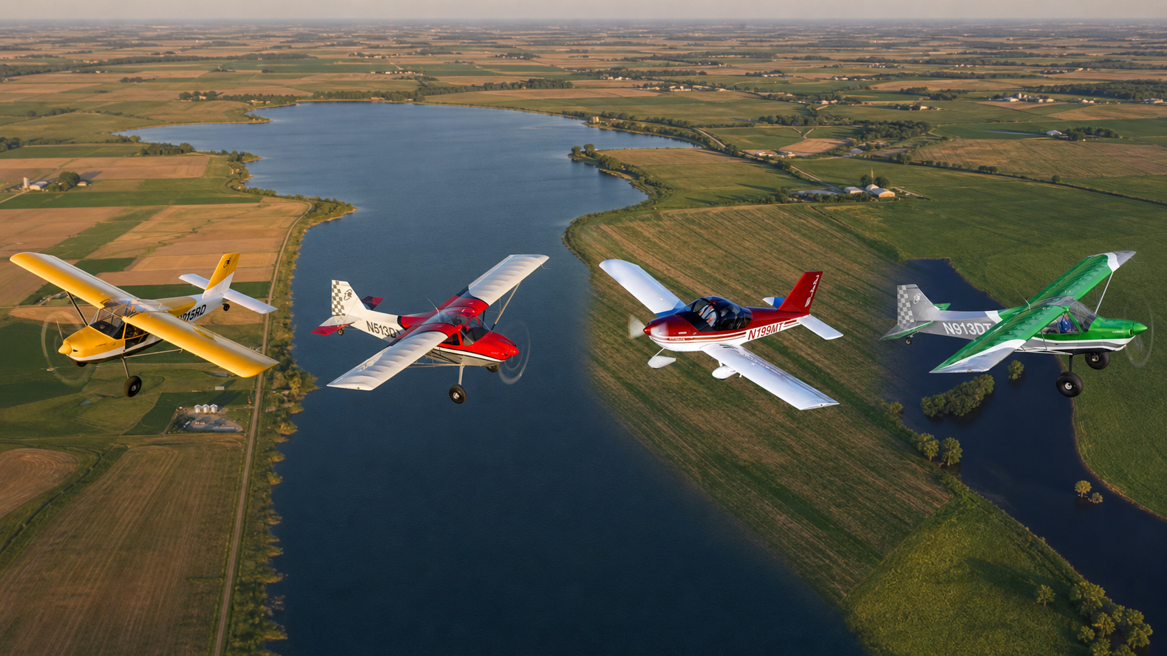Four aircraft from the current RANS lineup flying over farmland and lakes